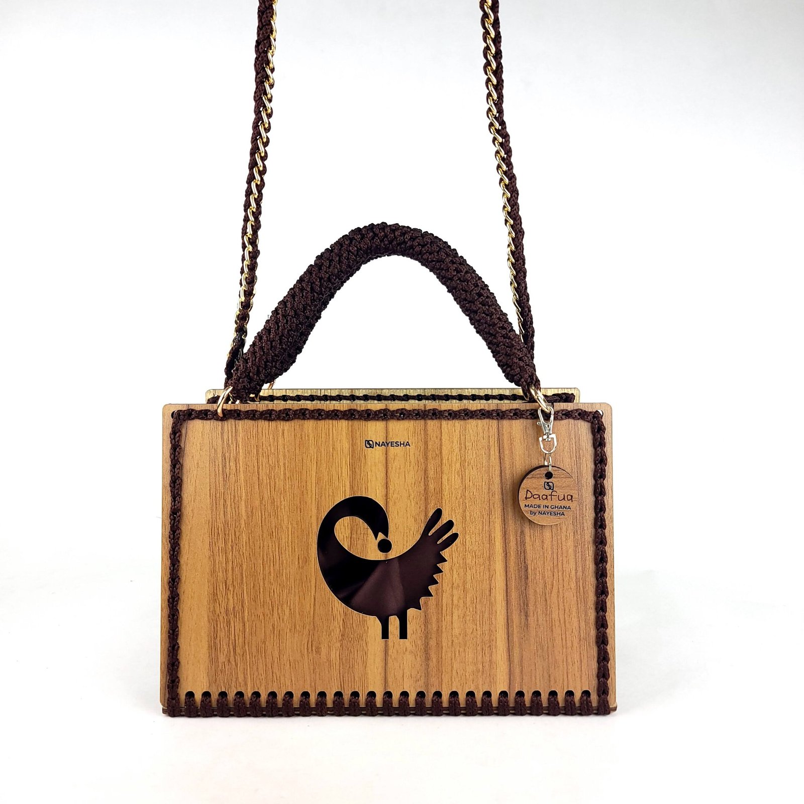 Daafua large-wood carved plate crochet handbag