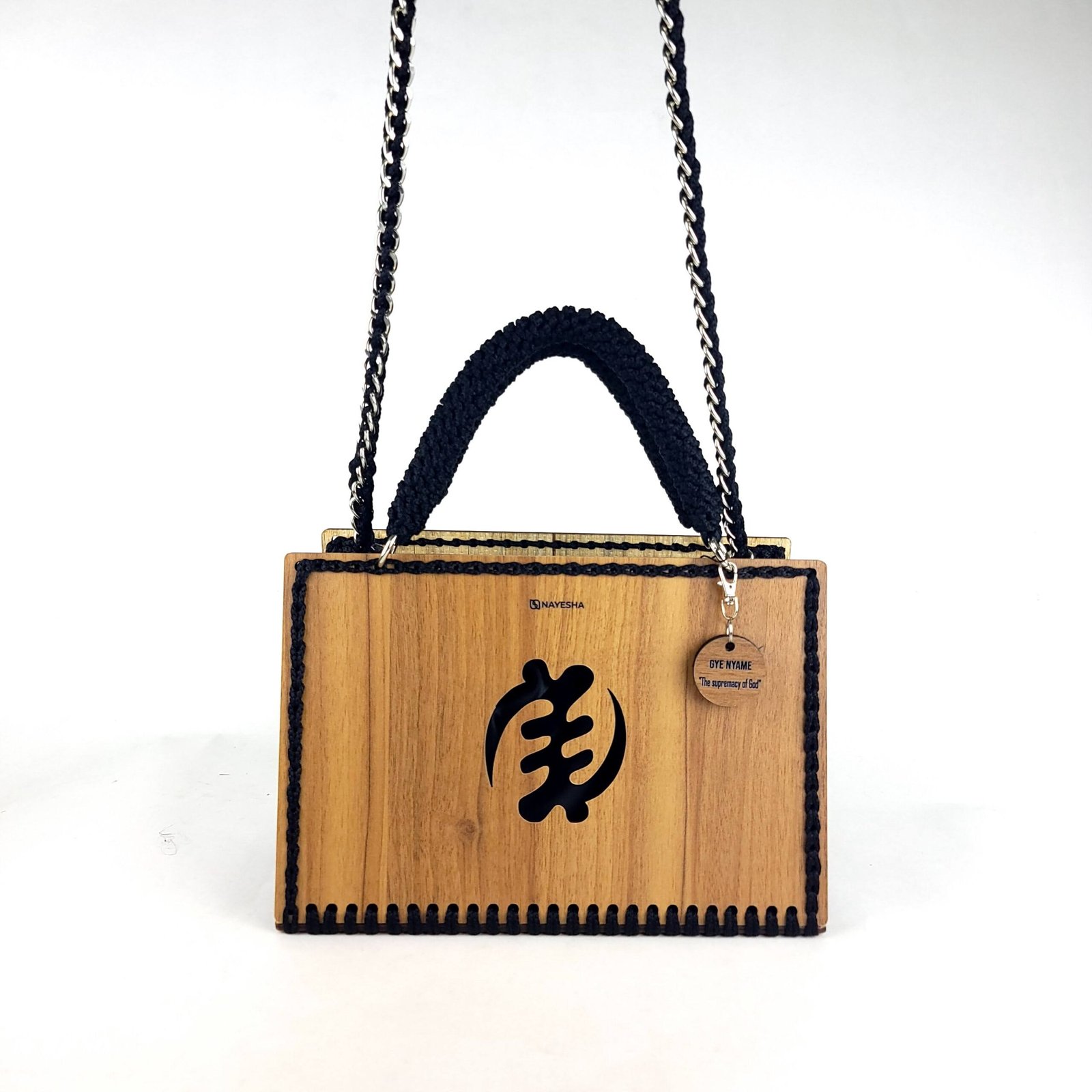 Daafua large-wood carved plate crochet handbag