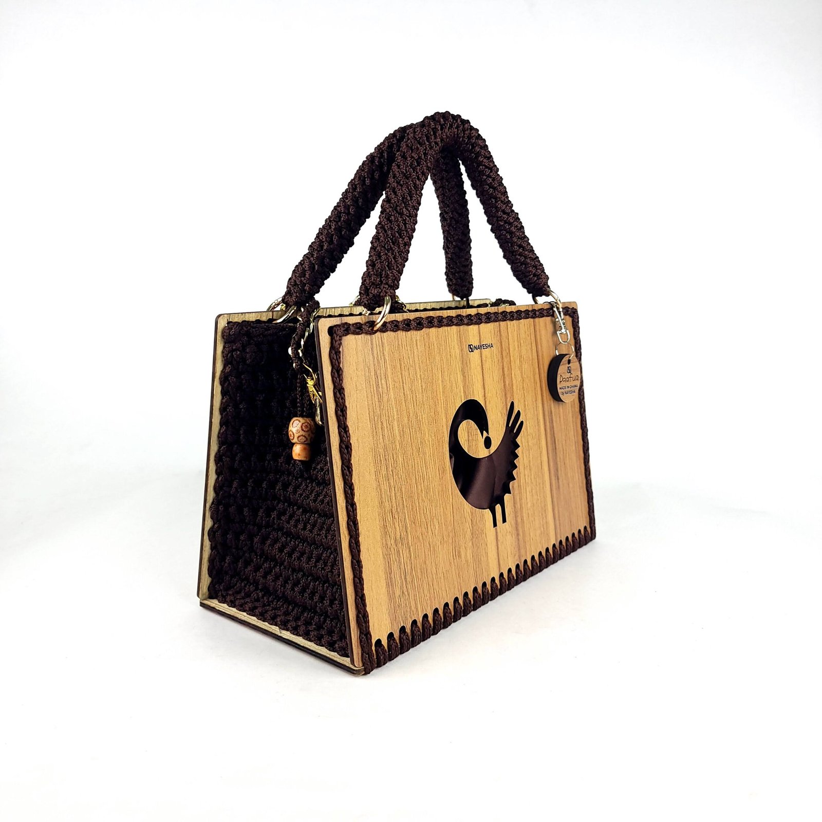 Daafua large-wood carved plate crochet handbag