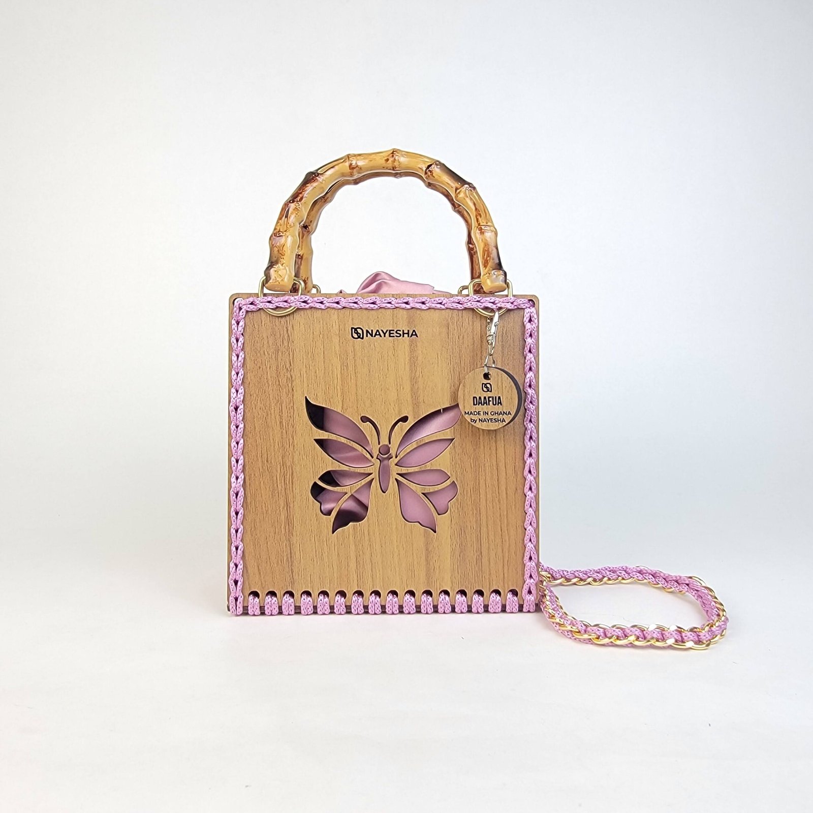 Daafua medium-wood carved plate crochet handbag